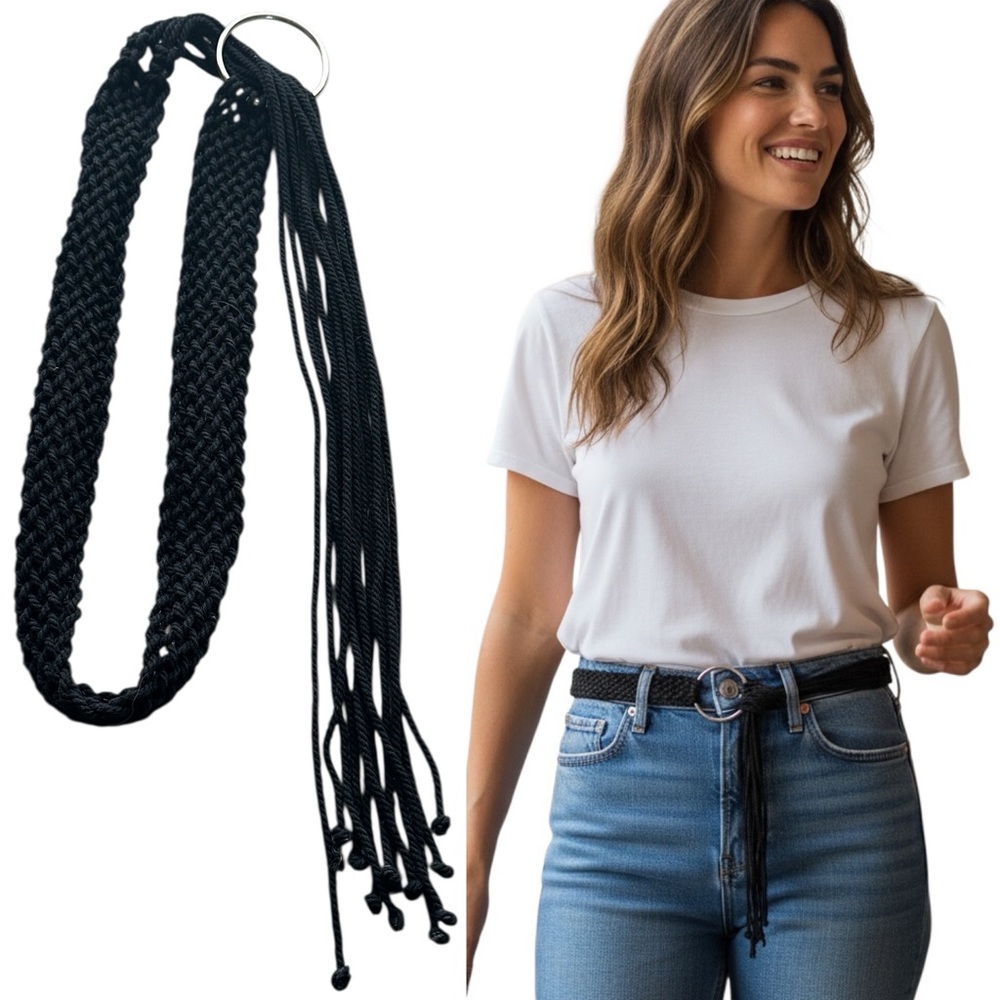 Boho Crochet Hippie Belt Black Silver Hardware One Size New
